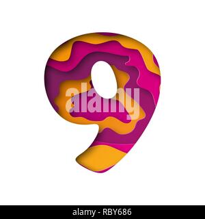 Moderne Papier Kunst der farbigen Nummer neun. Vector Illustration. Nummer Neun ist aus Papier geschnitten isoliert. Stock Vektor
