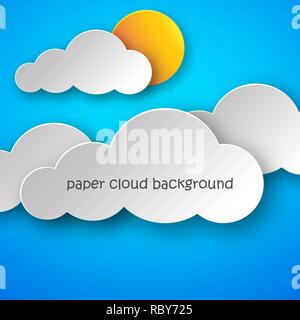 Paper Art von Wolken und die gelbe Sonne auf blauem Hintergrund. Vector Illustration. Zusammenfassung Hintergrund mit Cloud Stock Vektor