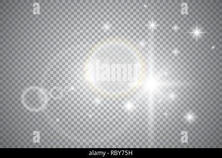 Weiß leuchtende Lichter Auswirkungen auf transparentem Hintergrund isoliert. Sun Flash mit Rochen und Spotlight. Glow Light Effect. Star Burst mit funkelt. Stock Vektor