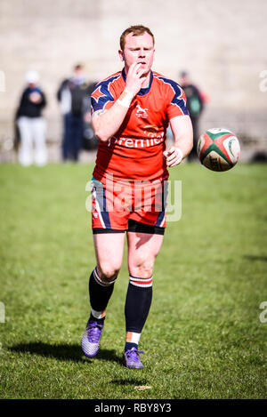 BLAINA, Wales, Großbritannien - 15 April 2017: Blaina vs Tredegar Rugby Spiel WRU Championship League Spiel im Cwmcellyn Park Stockfoto