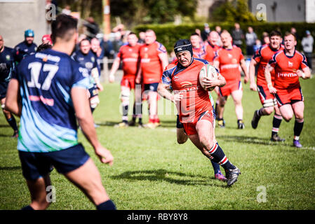 BLAINA, Wales, Großbritannien - 15 April 2017: Blaina vs Tredegar Rugby Spiel WRU Championship League Spiel im Cwmcellyn Park Stockfoto