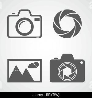 Kamerasymbole, Aperture Symbol, Symbol "Foto". Vector Illustration. Satz flacher Symbole isoliert Stock Vektor