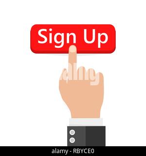 Klicken Sie auf die Schaltfläche oben zu unterzeichnen. Vector Illustration. Hand drückt die Taste Anmelden Stock Vektor