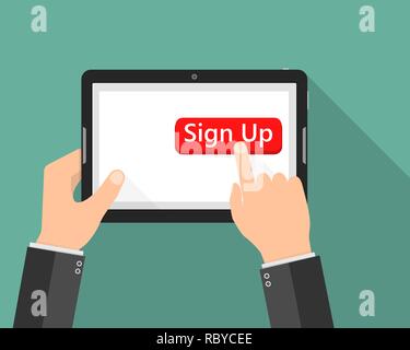 Klicken Sie auf die Schaltfläche zum Anmelden auf einem Tablett. Vector Illustration. Hand drückt die Taste Anmelden Stock Vektor