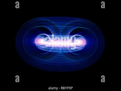 Energiereiche Teilchen fließen durch ein Tokamak oder Donut-Shaped Gerät. Antigravity, Magnetfeld, Kernfusion, Gravitationswellen und die Raumzeit Stockfoto