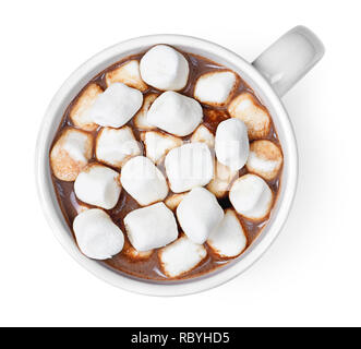 Heiße Schokolade oder Kakao trinken in eine Tasse oder Becher. Blick von oben auf die heiße Schokolade mit Marshmallows, auf weißem Hintergrund. Stockfoto