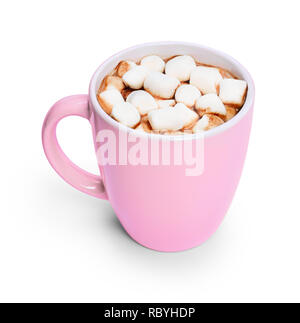 Heiße Schokolade oder Kakao trinken in eine Tasse oder Becher. Blick von oben auf die heiße Schokolade mit Marshmallows, auf weißem Hintergrund. Stockfoto