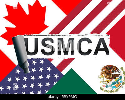 USMCA USA Mexiko Kanada Vereinbarung den Handel. Politische Vertrag und Abkommen von Donald Trump - 3D-Darstellung Stockfoto
