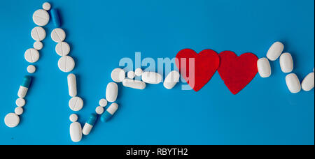 Arzneimittel weiße, runde herzförmige Pillen auf blauem Hintergrund isoliert. Tabletten in Form einer Linie des Herzrhythmus auf einem Pastell-blaue Hintergrund. Ca Stockfoto