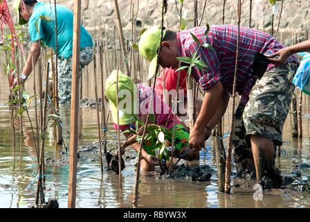 Thai nicht identifizierte Familie freiwillige Helfer, die sich in Pflanzen junge mangrovenbäume in Wiederaufforstung Globale Erwärmung an den Ufern an Bangpu Strand zu reduzieren. Stockfoto