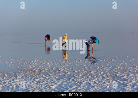 Eine Familie auf dem Salzsee von Urmia See, West Provinz Aserbaidschan, Iran Stockfoto