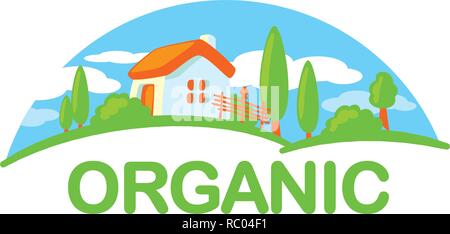 Der ökologische Landbau Illustration, Bauernhof, Bäume, Feld und blauer Himmel logo Vorlage Stock Vektor