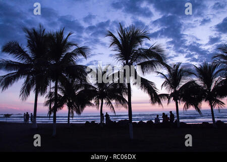 Ein Foto einer erstaunlichen Sonnenuntergang in Jaco Beach, Costa Rica. Silhouetten der schönen hohen Palmen im Vordergrund. Menschen sind nicht erkennbar. Stockfoto