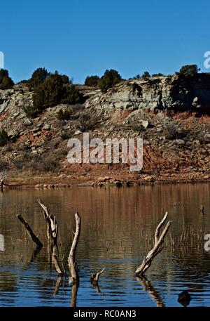 Unter Wasser Holz und Wasser Reflexionen entlang der Küste des Lake McKinsey in der Nähe von Amarillo, Texas. Stockfoto