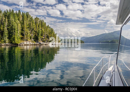 Ein helles, Makrele Himmel und die bewaldeten Ufer sind im ruhigen Wasser wider, die von der Side Deck von einem Boot unterwegs in British Columbia an der Küste gesehen. Stockfoto