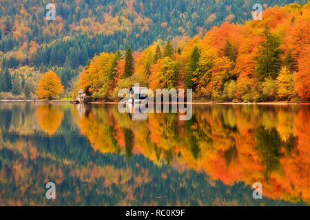 Bootshaus im Bohinjer See im Herbst, die Julischen Alpen, Slowenien Stockfoto