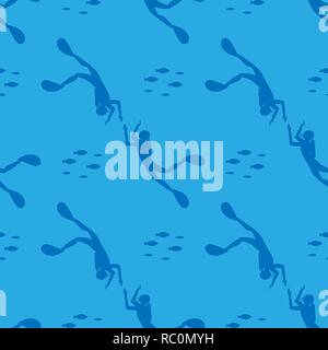 Nahtlose Muster Silhouette Taucher mit Fischen. Aktiver Lebensstil 10 eps Stock Vektor