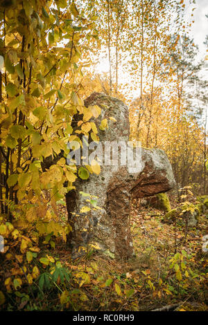 Region Babtsy, Witebsk, Belarus. Alte Steinkreuz im Alten Friedhof. Stockfoto