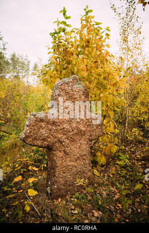 Region Babtsy, Witebsk, Belarus. Alte Steinkreuz im Alten Friedhof. Stockfoto