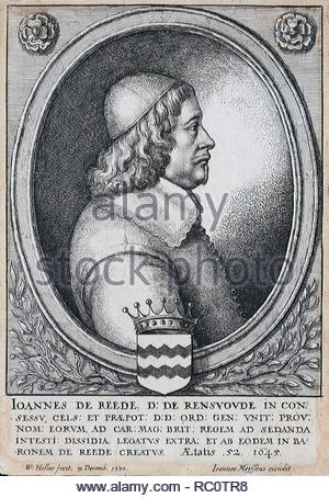 Johan van Reede van Renswoude N°, in Großbritannien bekannt als John de Reede, 1. Baron Reede, 1593 - 1682, war ein niederländischer Diplomat und Politiker. Er wurde ein Canon oder Diakon in der Kathedrale von Utrecht im Jahre 1620, aber in 1623 erwarb den Titel und Ländereien der Renswoude N°, und wurde zu den Generalstaaten der Niederlande gewählt, Radierung von Böhmische Kupferstecher Wenzel Hollar ab 1650 Stockfoto