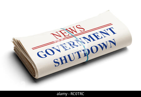 Gefaltete Zeitung mit der Schlagzeile Government Shutdown isoliert auf Weiss. Stockfoto