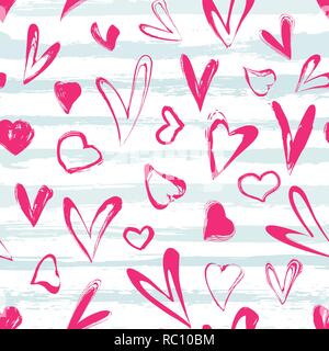 Nahtlose Muster der roten grunge Herzen auf blauen Streifen Hintergrund. Valentines Tag Karte Vorlage. Vector Illustration Stock Vektor