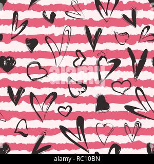 Nahtlose Muster von Schwarz grunge Herzen auf rote Streifen Hintergrund. Valentines Tag Karte Vorlage. Vector Illustration Stock Vektor