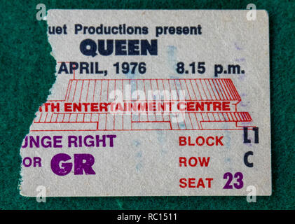 Ticket für Queen mit Freddie Mercury Konzert in Perth Entertainment Center 1976 WA Australien. Stockfoto