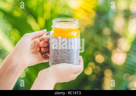 Chia Samen Pudding mit Mandelmilch und frischer Mango Richtfest in der Hand Stockfoto