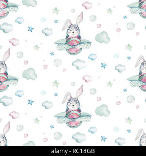 Handzeichnung fliegen niedlich Ostern pilot bunny Aquarell cartoon Häschen mit Flugzeug in den Himmel textile Muster. Türkis Aquarell textile Abbildung Dekoration Stockfoto