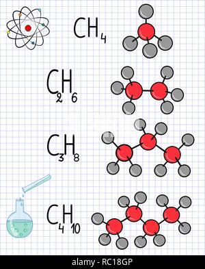 Chemische Formel und Molekül Modell Methan CH4, Ethan C2H4, C3H8 Propan, Butan C4H10. Schule notebook auf Chemie. Blatt Papier in einem Käfig. Ve Stock Vektor