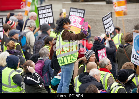 London, Großbritannien. 12 Jan, 2019. Eine gelbe - unverfallbar Demonstrant in der Volksversammlung Sparmaßnahmen März ein selfie auf dem Trafalgar Square. Credit: Kevin J. Frost-/Alamy leben Nachrichten Stockfoto