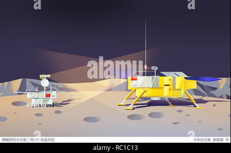 (190111) - Peking, Jan. 11, 2019 (Xinhua) - die Abbildung zeigt die Chang'e-4-Lander (R) und der Yutu-2 Rover, die Bilder von einander. (Xinhua / Chen Congying) Stockfoto