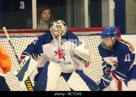 Dumfries, Schottland, 12. Januar 2019. Ella Howard spielen im Ziel für Großbritannien gegen die Niederlande im Jahr 2019 Eishockey U18-Weltmeisterschaft, Division 1, Gruppe B, an der Dumfries Eis Schüssel. Credit: Colin Edwards/Alamy Leben Nachrichten. Stockfoto