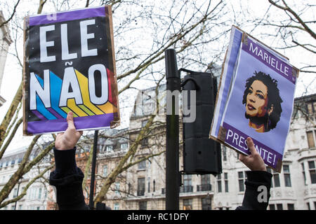 London, Großbritannien. 12. Januar, 2019. Ein Anhänger der brasilianischen Frauen gegen Faschismus und Ele Não Studenten London zeigt außerhalb der Brasilianischen Botschaft in Solidarität mit den Frauen, Studenten, Umweltaktivisten, schwarzen Gemeinschaften, LGBTQIA + Gemeinschaften, indigene Völker, Bauern und Arbeiter in Brasilien Protest nach der Amtseinführung von Präsident Jair Bolsonaro. Credit: Mark Kerrison/Alamy leben Nachrichten Stockfoto