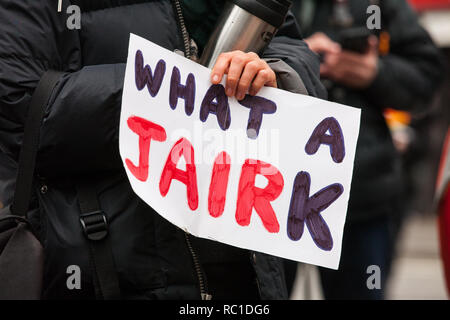 London, Großbritannien. 12. Januar, 2019. Ein Zeichen, das von einem Verfechter der brasilianischen Frauen gegen Faschismus und Ele Não Studenten London zeigen außerhalb der Brasilianischen Botschaft in Solidarität mit den Frauen, Studenten, Umweltaktivisten, schwarzen Gemeinschaften, LGBTQIA + Gemeinschaften, indigene Völker, Bauern und Arbeiter in Brasilien protestieren, die sich nach der Amtseinführung von Präsident Jair Bolsonaro. Credit: Mark Kerrison/Alamy leben Nachrichten Stockfoto