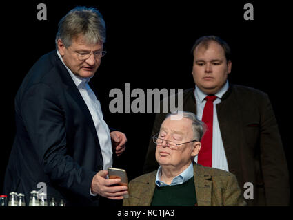 Riesa, Deutschland. 13 Jan, 2019. Alexander Gauland (M), Fraktionschef der AfD in Bundestag und AfD-Sprecher, schaut auf das Smartphone von Jörg Meuthen (l), die AfD Vorsitzende und Spitzenkandidat seiner Partei bei den Wahlen zum Europäischen Parlament 2019, auf der rechten Seite Torben Braga, Pressesprecher der AfD in Thüringen. Am dritten Tag der Konferenz, werden die Delegierten entscheiden über ihr Programm für die Wahlen zum Europäischen Parlament im Mai. Credit: Monika Skolimowska/dpa-Zentralbild/dpa/Alamy leben Nachrichten Stockfoto