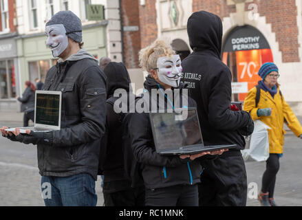 Brentwood, Essex, Großbritannien. 13. Januar 2019. Ein Würfel der Wahrheit Protest in Brentwood High Street von Anonym für die Stimmlosen; eine Gruppe Förderung des Veganismus und Tierschutz. Die Notebooks und Bildschirme zeigen erschütternde Aufnahmen von angeblichen Grausamkeit gegen Tiere. Kredit Ian Davidson/Alamy leben Nachrichten Stockfoto