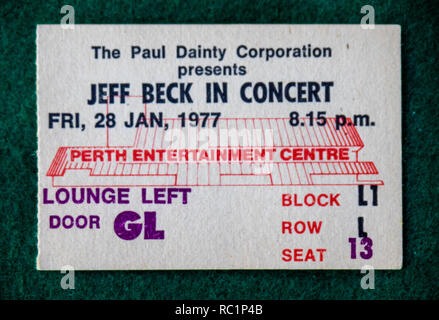 Ticket für Jeff Beck Konzert in Perth Entertainment Center 1977 WA Australien. Stockfoto