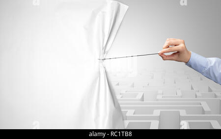 Hand Herausziehen des Papiers Vorhang, wechselnde Szene Konzept Stockfoto