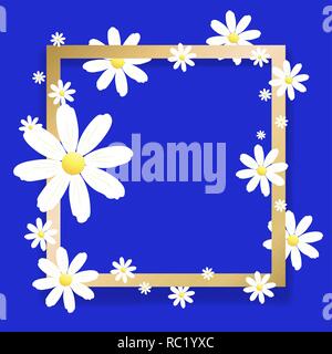 Trendiges Design Vorlage. Golden und neon blau Grußkarte. Luxus abstrakten Hintergrund. Papier geschnitten Kamille Blume verkauf Hintergrund mit quadratischen Rahmen, v Stock Vektor