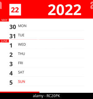 Kalender Planer für Woche 22 im Jahre 2022, endet am 5. Juni 2022. Stockfoto