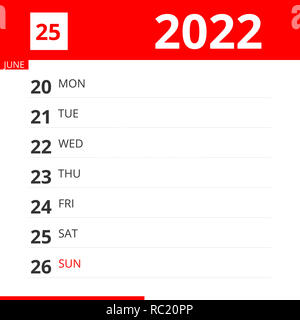 Kalender Planer für Woche 25 im Jahre 2022, endet am 26. Juni 2022. Stockfoto
