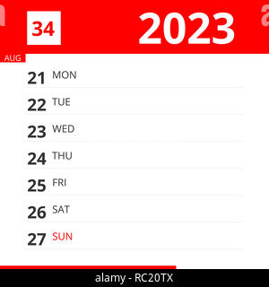 Kalender Planer für Woche 34 im Jahr 2023, endet zum 27. August 2023. Stockfoto