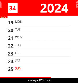 Kalender Planer für Woche 34 in 2024, endet am 25. August 2024. Stockfoto