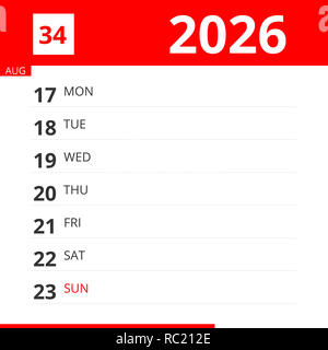 Kalender Planer für Woche 34 in 2026, 23. August 2026 endet. Stockfoto