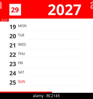 Kalender Planer für Woche 29 in 2027, endet am 25. Juli 2027. Stockfoto