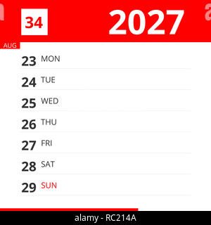 Kalender Planer für Woche 34 in 2027, endet am 29. August 2027. Stockfoto