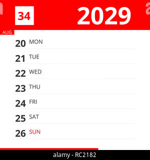 Kalender Planer für Woche 34 im Jahr 2029, endet am 26. August, 2029. Stockfoto