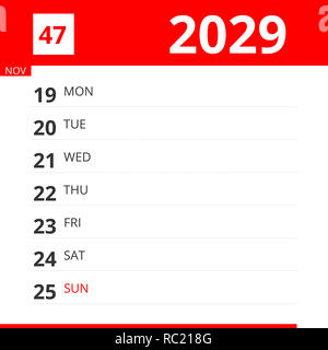 Kalender Planer für Woche 47 im Jahr 2029, endet am 25. November 2029. Stockfoto